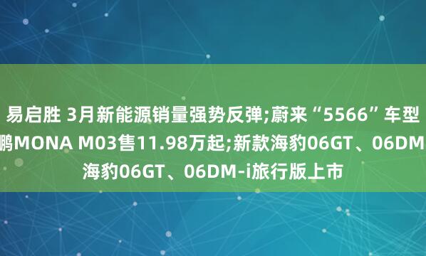 易启胜 3月新能源销量强势反弹;蔚来“5566”车型更新;新款小鹏MONA M03售11.98万起;新款海豹06GT、06DM-i旅行版上市